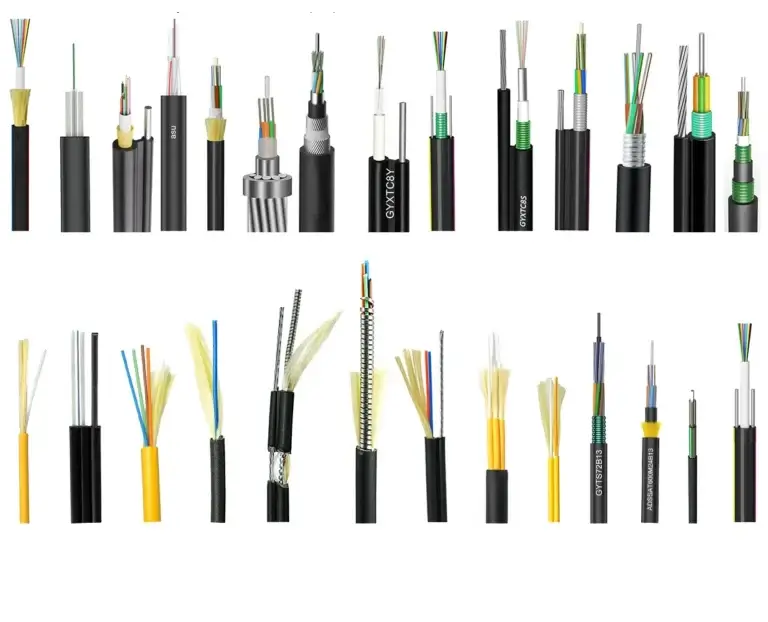 Various types of fiber optic cables with different designs.