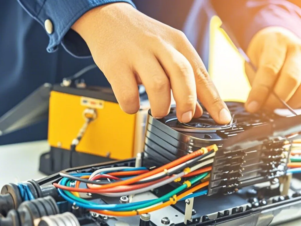 Technician working on fiber optic equipment