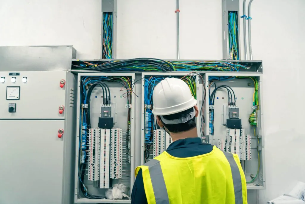 Worker inspecting fiber optic cables