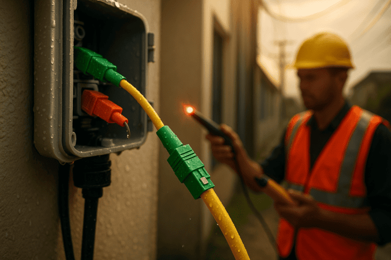 Yellow FTTH drop cable plugged into an open fiber access terminal box, highlighting the installation scene