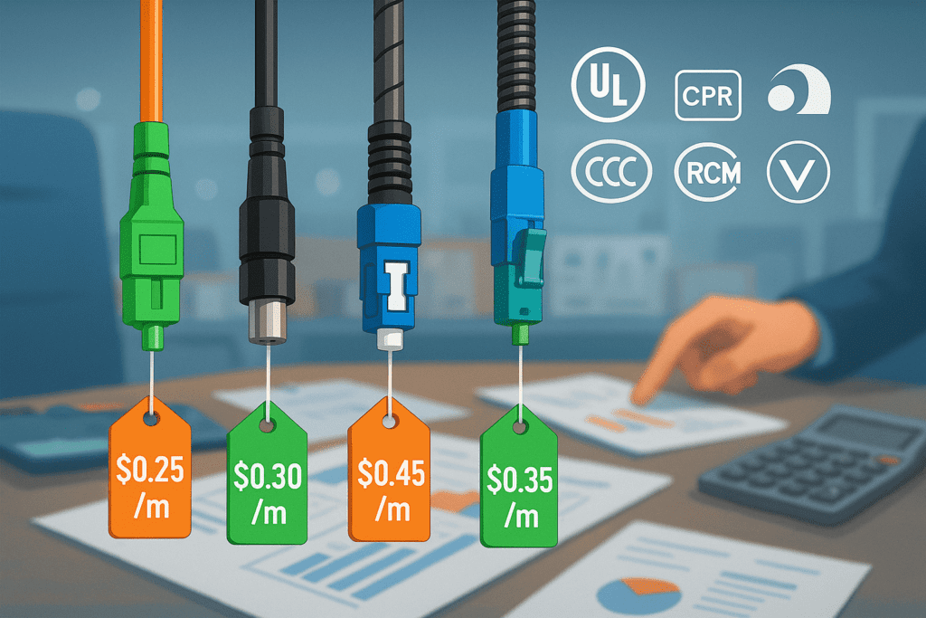 Four FTTH drop cables suspended with price tags, a blurred hand pointing at a calculator in the background, certification logos overhead