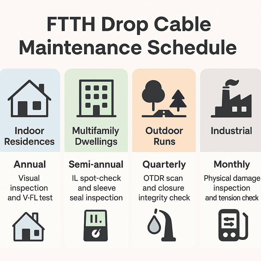 Vector infographic showing maintenance frequencies and key inspection tasks for FTTH drop cables in different environments