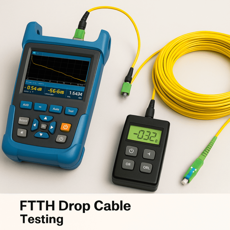 Optical Time-Domain Reflectometer connected to a yellow pre-terminated FTTH drop cable alongside an optical loss test set, displaying loss and reflectance readings for comprehensive cable validation.