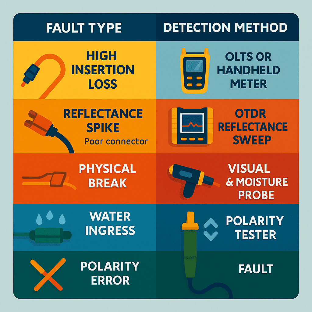 Flat infographic listing common FTTH faults and their corresponding detection methods and tools