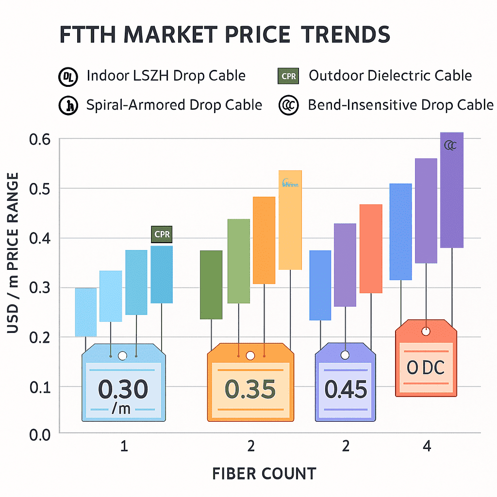 Grouped bar chart comparing FTTH drop cable price ranges per fiber count for four cable types with certification icons