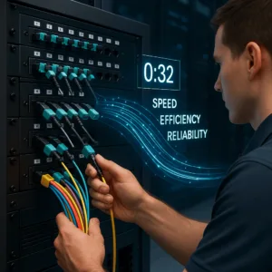 A comparative image of traditional cabling and modern pre-terminated fiber optic solutions. The traditional side shows tangled cables implying complexity, while the modern side portrays a smooth, streamlined, and efficient deployment of fiber optics.