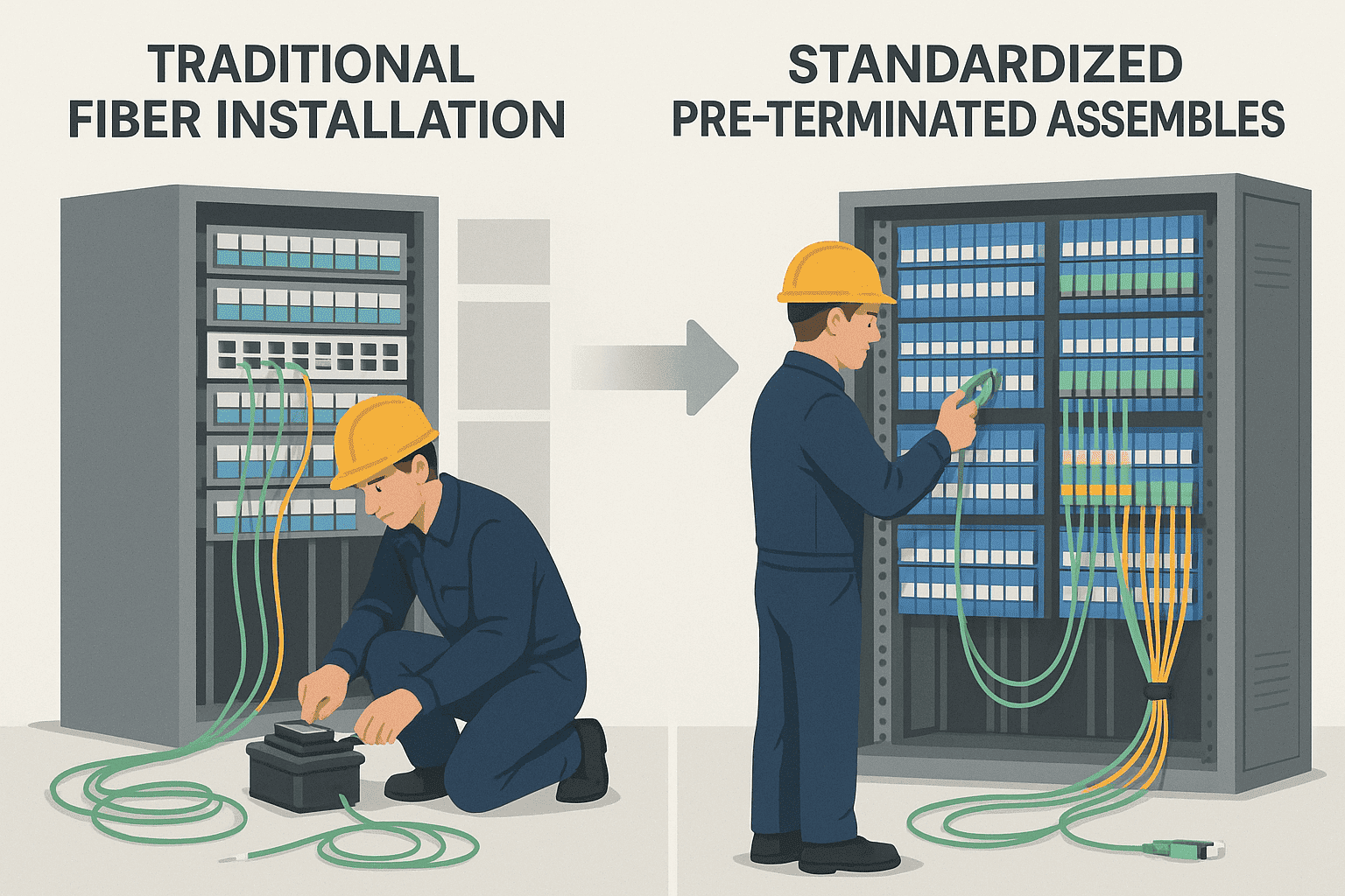 Technicians quickly deploy factory pre-terminated fiber optic cables, demonstrating massive time savings and predictable quality for streamlined project acceptance.