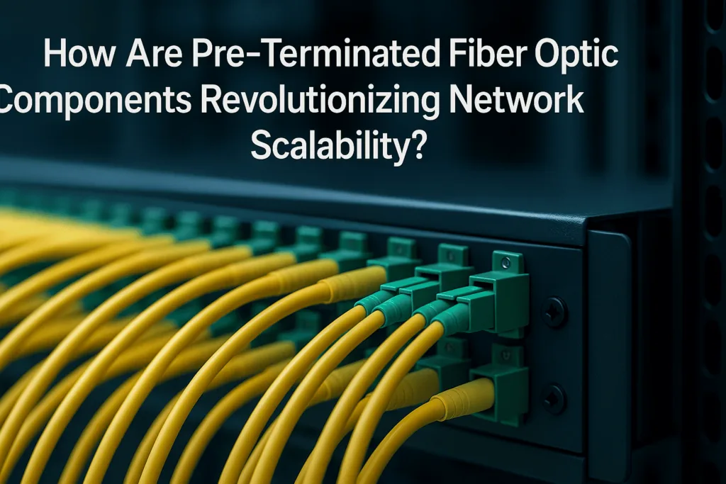 Image of pre-terminated fiber optic components installed in a network infrastructure, depicting accelerated growth and improved efficiency in network deployment.