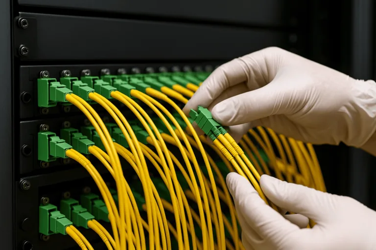 Close-up of a technician installing pre-terminated fiber optic cables in a data center, demonstrating speed and organization.