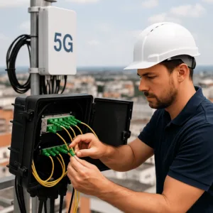 Illustration of a city's skyline, interconnected with glowing, streamlined pre-terminated fiber optic cables, representing modern, efficient network infrastructure.