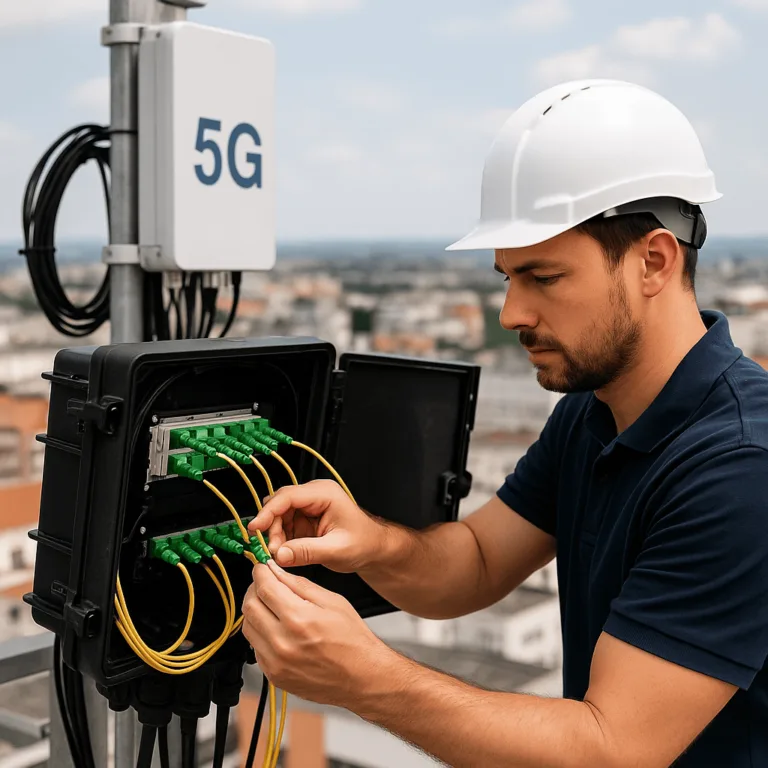 Illustration of a city's skyline, interconnected with glowing, streamlined pre-terminated fiber optic cables, representing modern, efficient network infrastructure.