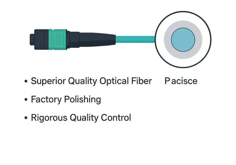Technicians working with automated machines in a modern fiber optic factory, close-up of pristine pre-terminated patch cords, and quality testing equipment, illustrating the meticulous process behind low-loss connections.
