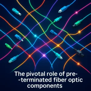 Graphic representation of high-speed networks using interconnected lines of light, with brighter, superior quality lines symbolizing pre-terminated fiber optic components.
