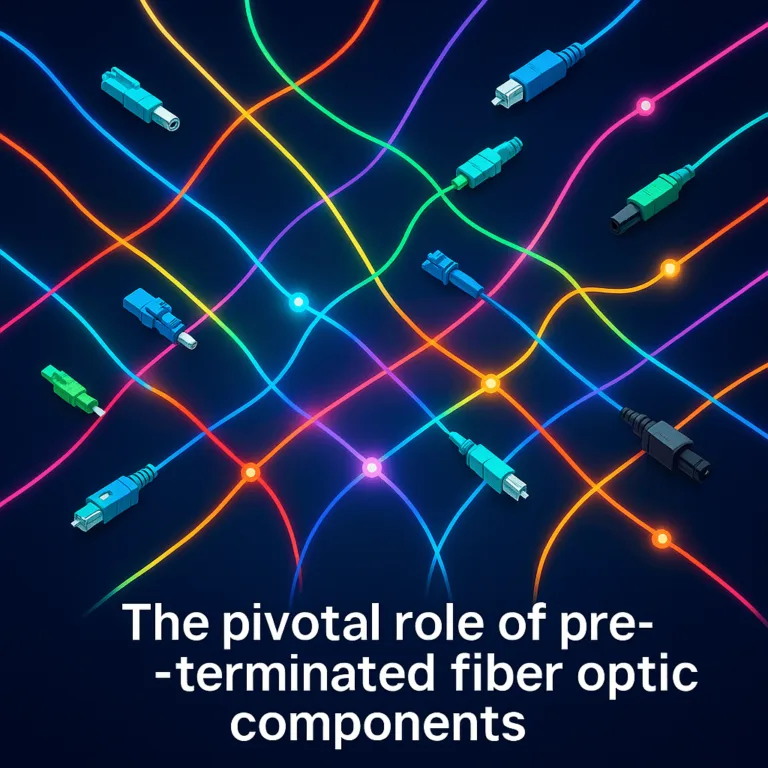 Graphic representation of high-speed networks using interconnected lines of light, with brighter, superior quality lines symbolizing pre-terminated fiber optic components.