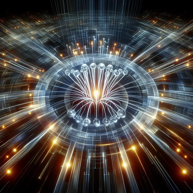 Graphic representation of high-speed networks using interconnected lines of light, with brighter, superior quality lines symbolizing pre-terminated fiber optic components.