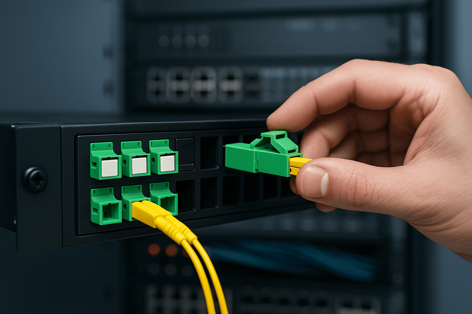 Manual fiber optic terminations highlight the complexity and limitations of traditional network topologies.