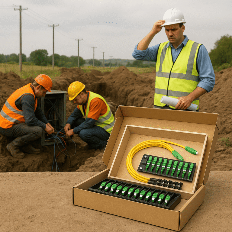 Image showing a project manager and workers on a challenging field site, focused on fiber network terminations. In the foreground, a box illustrating the concept of pre-terminated fiber solutions is there, revealing a variety of arranged plug-and-play components.