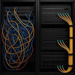 A split scene in a data center showing one rack section with chaotic, tangled cables and blocked equipment, and another with neatly bundled, labeled pre-terminated trunk cables and accessible servers, illustrating the benefits of organized cabling.