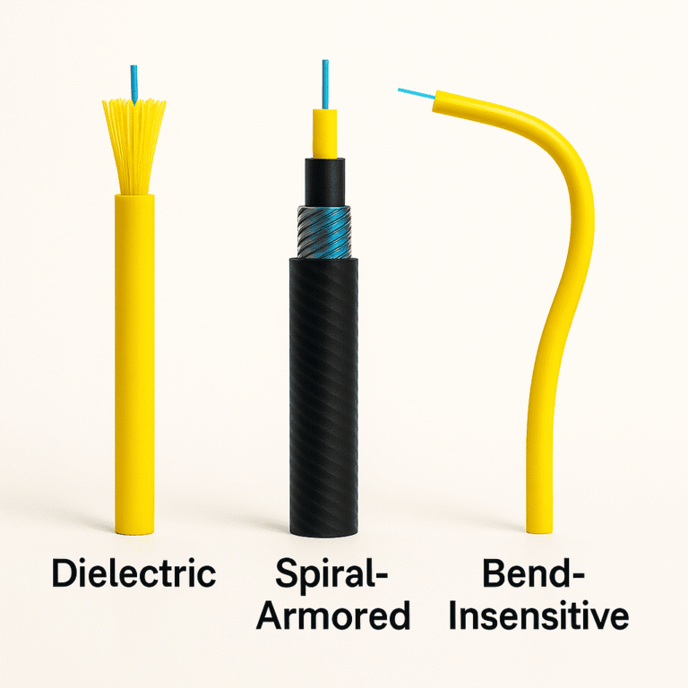 Dielectric, Spiral-Armored, and Bend-Insensitive FTTH drop cables with blue fiber cores and yellow/black jackets.