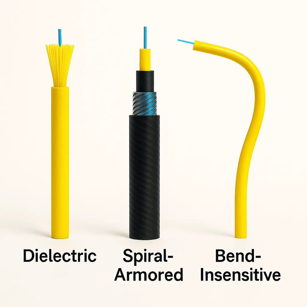 Dielectric, Spiral-Armored, and Bend-Insensitive FTTH drop cables with blue fiber cores and yellow/black jackets.