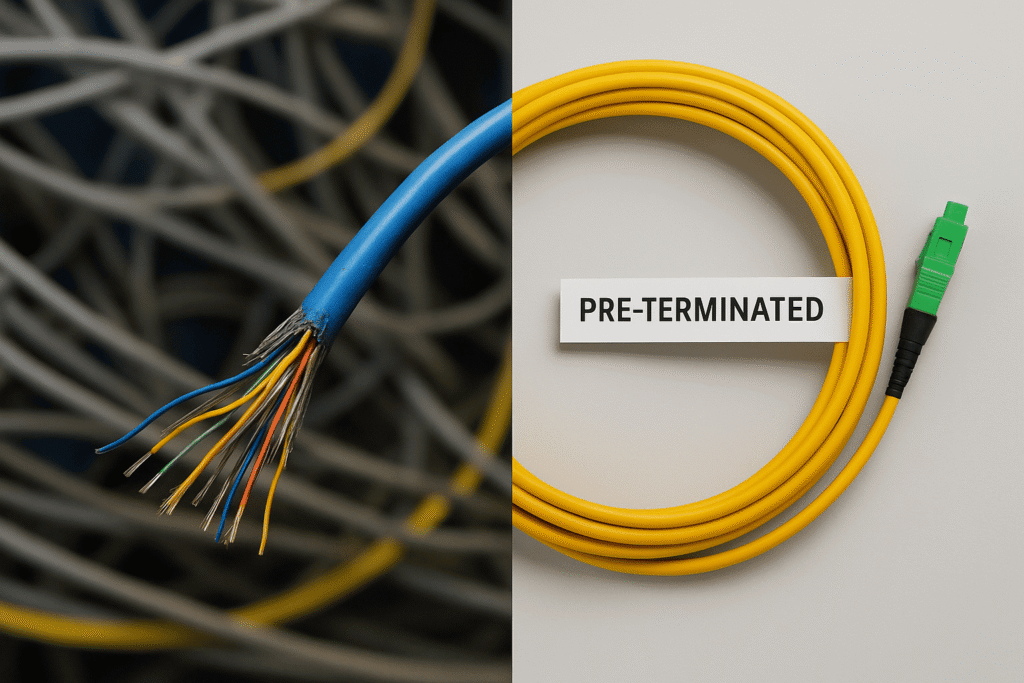 A hybrid cable image depicting the transition from a disorganized traditional fiber cable on the left to a sleek, reliable pre-terminated fiber solution on the right.