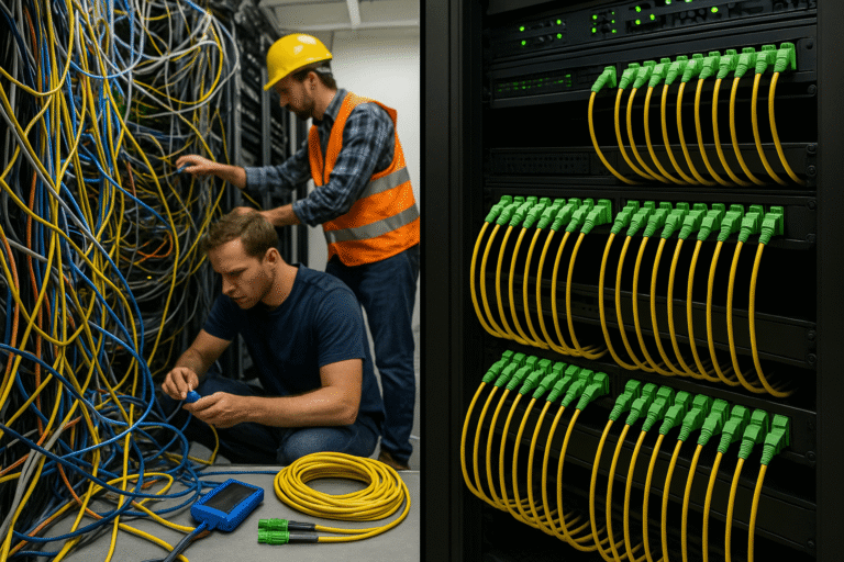 Comparison image showing the tangled traditional data center cabling on one side and the streamlined, easy-to-manage pre-terminated fiber solutions on the other.