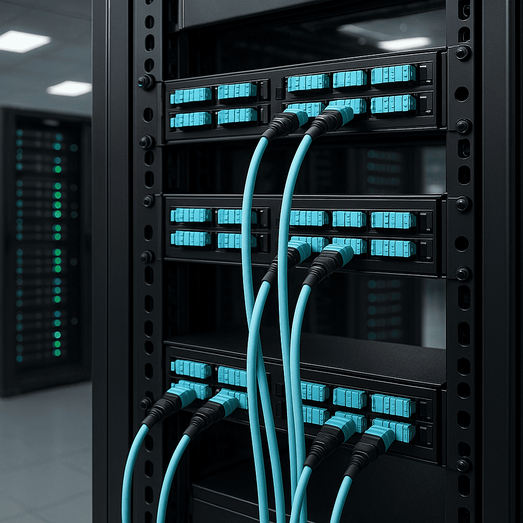 High-resolution photo of a data center rack with black 1U MPO patch panels connected to three light blue 12-fiber MPO trunk cables, background shows a softly blurred rack with glowing LEDs.
