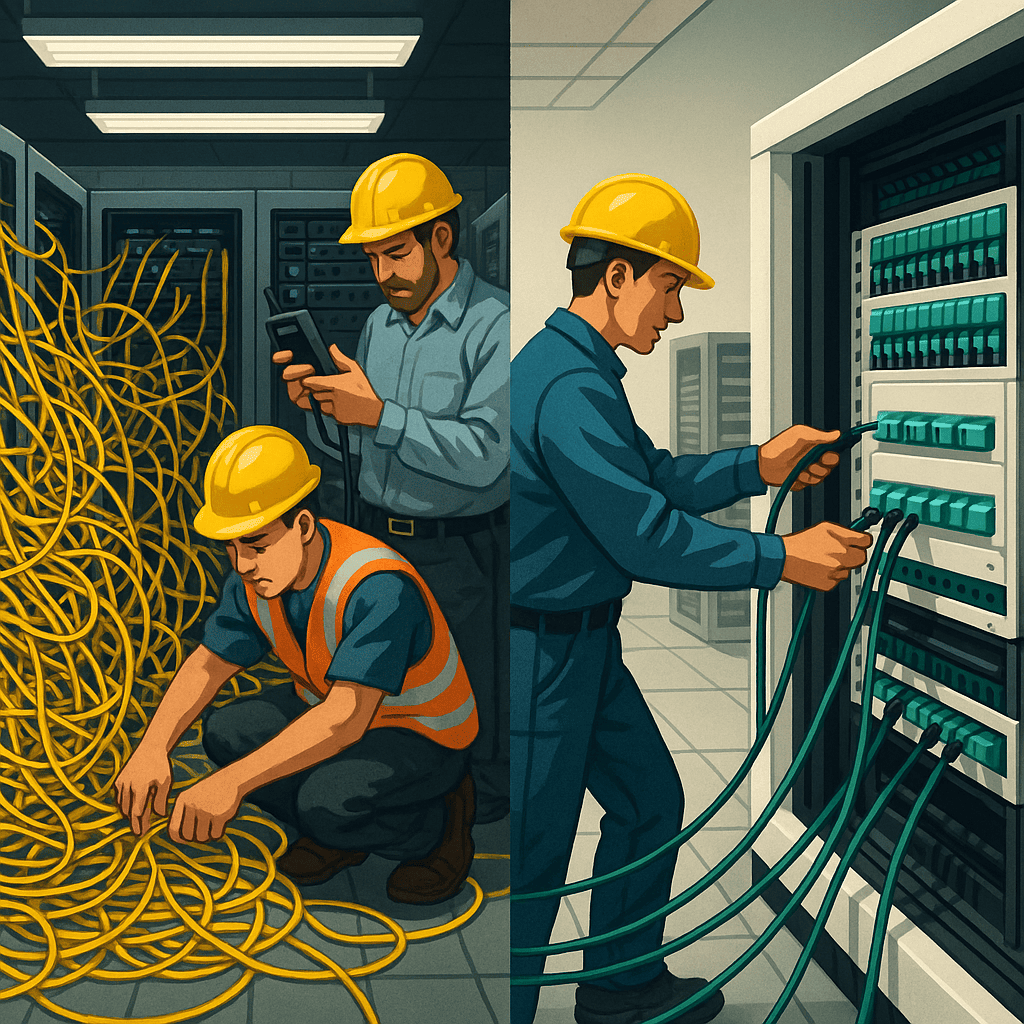 A split scene showing on one side a cluttered network room with tangled cables and technicians working manually, and on the other side a clean setup with modular pre-terminated fiber assemblies being quickly connected.