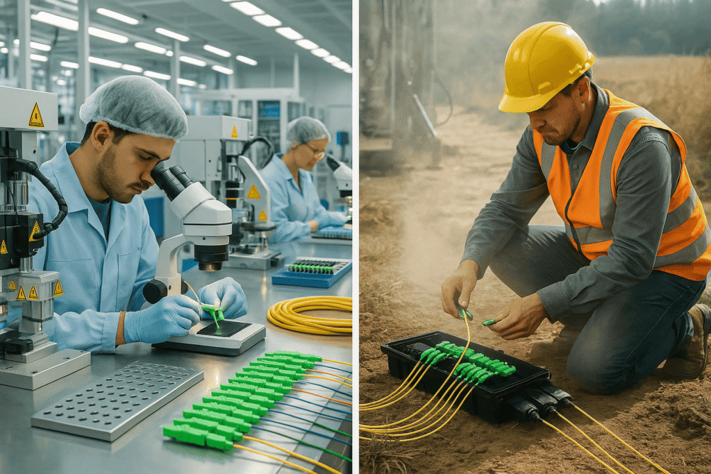 A clean, high-tech factory floor with technicians and machinery precisely assembling and polishing fiber connectors, contrasted with a small outdoor field scene showing dusty, manual cable connections.