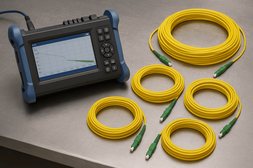 OTDR on a stainless steel workbench alongside neatly coiled yellow pre-terminated fiber optic cables with green LC/APC connectors.