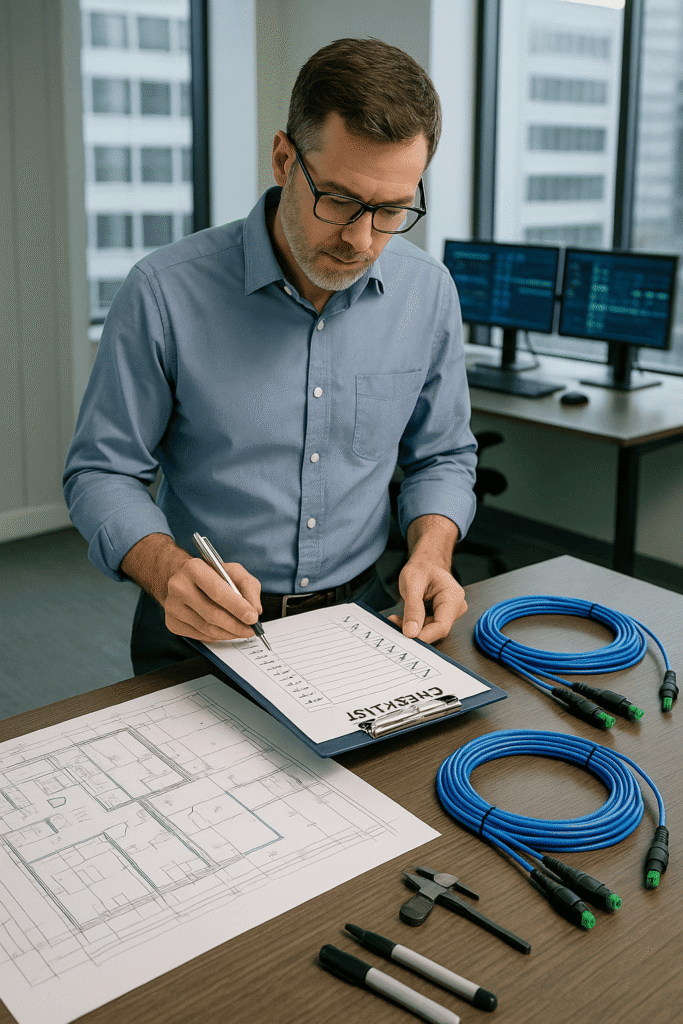 A project manager examines blueprints and cable layouts at a desk with organized pre-terminated cables, measurement tools, and checklists—capturing the importance of careful planning in fiber optic deployment.