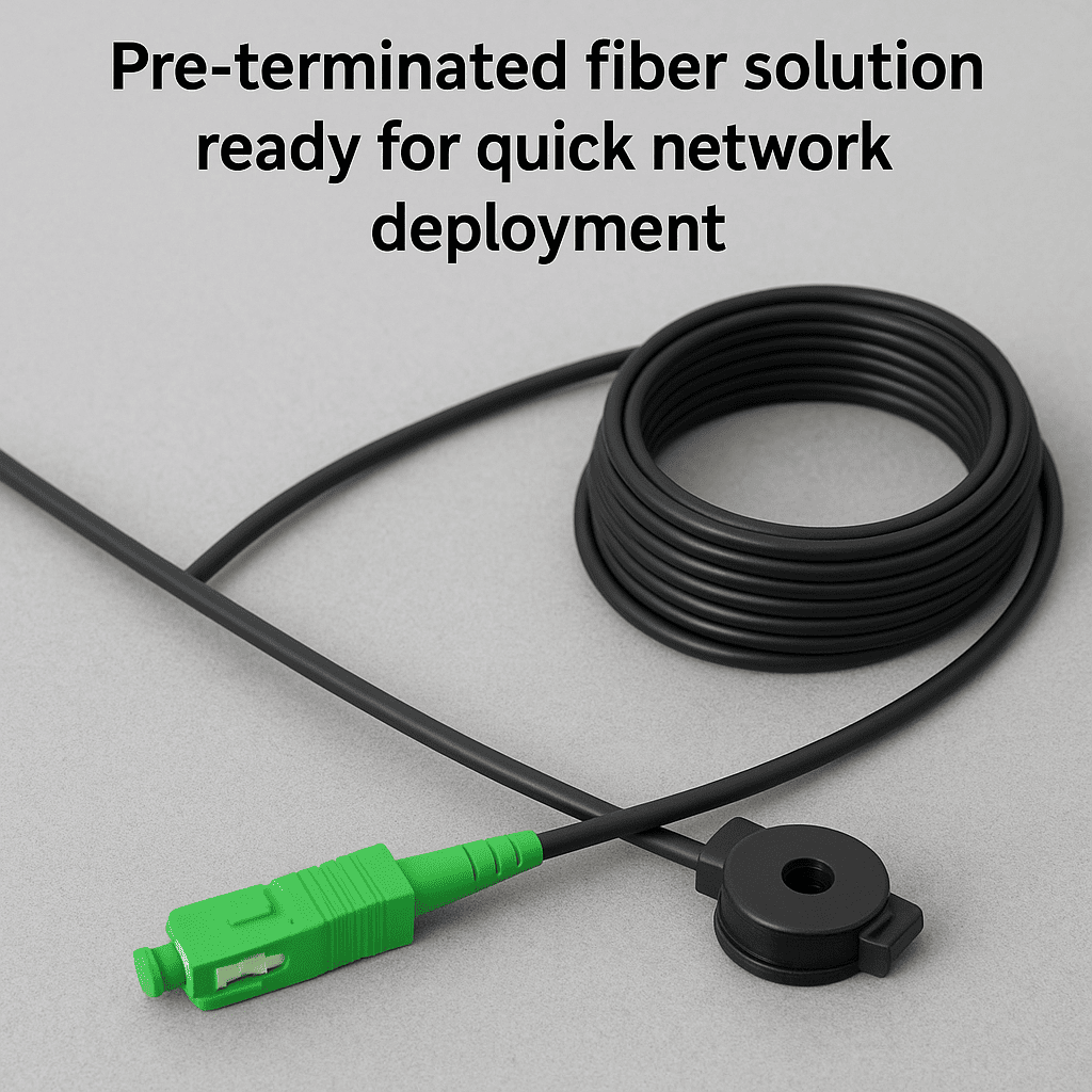 Image showing a pre-terminated fiber cables assembly ready for installation, illustrating the efficiency and time-saving advantages over traditional field-splicing methods.