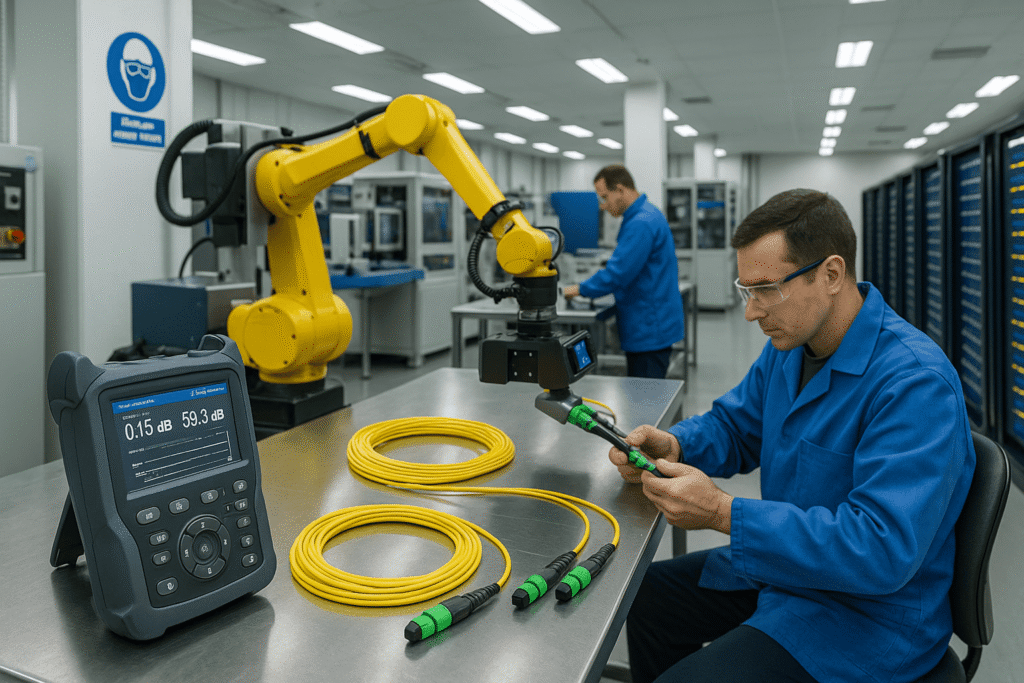 A high-tech fiber optic factory floor with machines and technicians assembling and polishing MPO/MTP connectors on bend-resistant cables, with test equipment displaying insertion loss and return loss metrics.