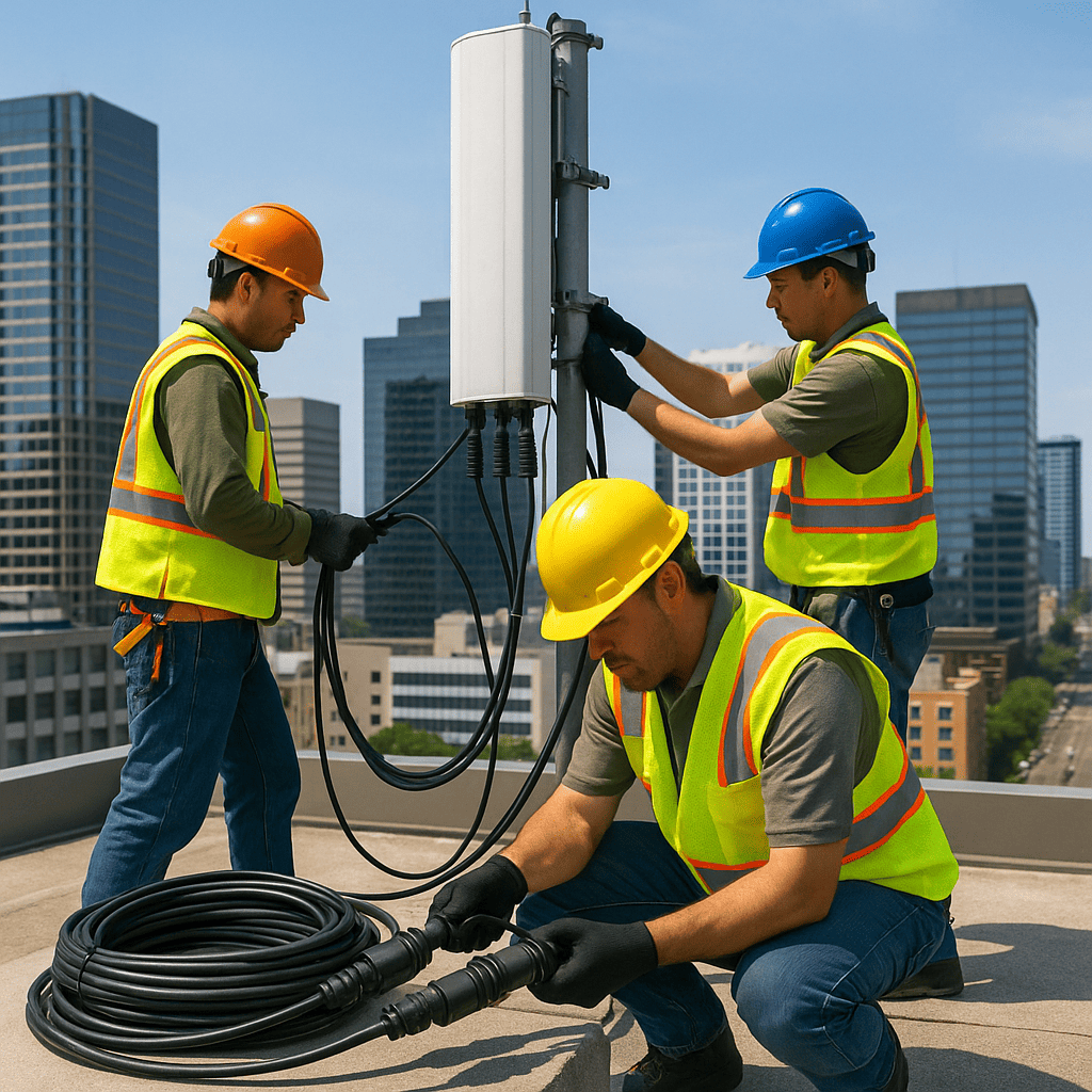 A team of workers installs a 5G antenna using organized, pre-terminated fiber connectors with black Corning OptiTap heads, showcasing fast deployment in a dense urban environment.