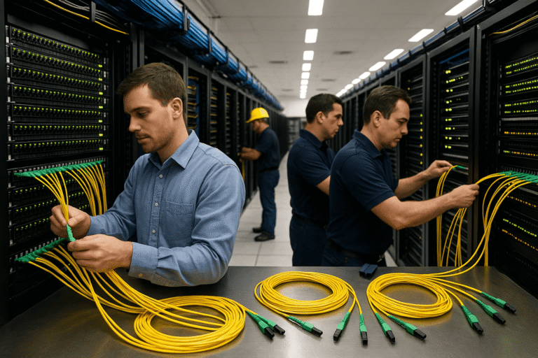 Image of technicians rapidly installing pre-terminated fiber-optic cables in a large network setup.
