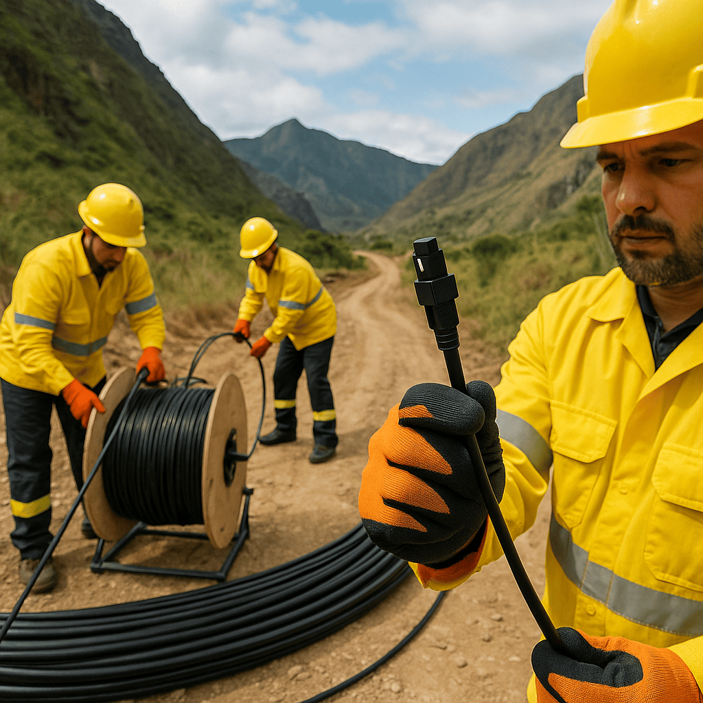 Workers deploying pre-terminated fiber solutions in a tough, remote Brazilian region, illustrating the technique's efficiency and speed in challenging environments with black Huawei mini SC connectors.