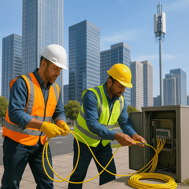 Image of workers installing pre-terminated fiber cables in an urban landscape with high-rises and a 5G tower. It symbolizes advancement in network deployments.