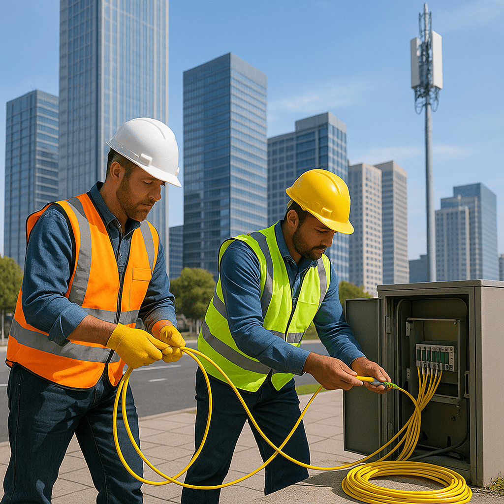 Image of workers installing pre-terminated fiber cables in an urban landscape with high-rises and a 5G tower. It symbolizes advancement in network deployments.