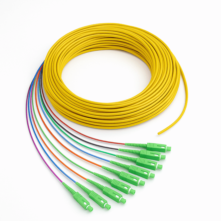 Photograph of a neatly coiled yellow fiber optic trunk cable with twelve color-coded pigtails terminated in green SC/APC connectors, set against a white background.