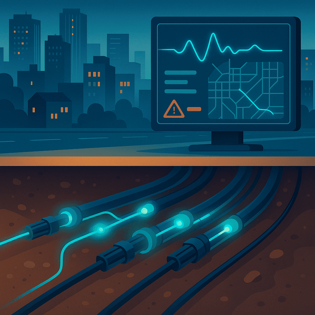 Illustration of fiber optic cables integrated with glowing sensors running underground in a city, with monitoring data displayed on a nearby screen, highlighting cable health and real-time detection of disruptions.