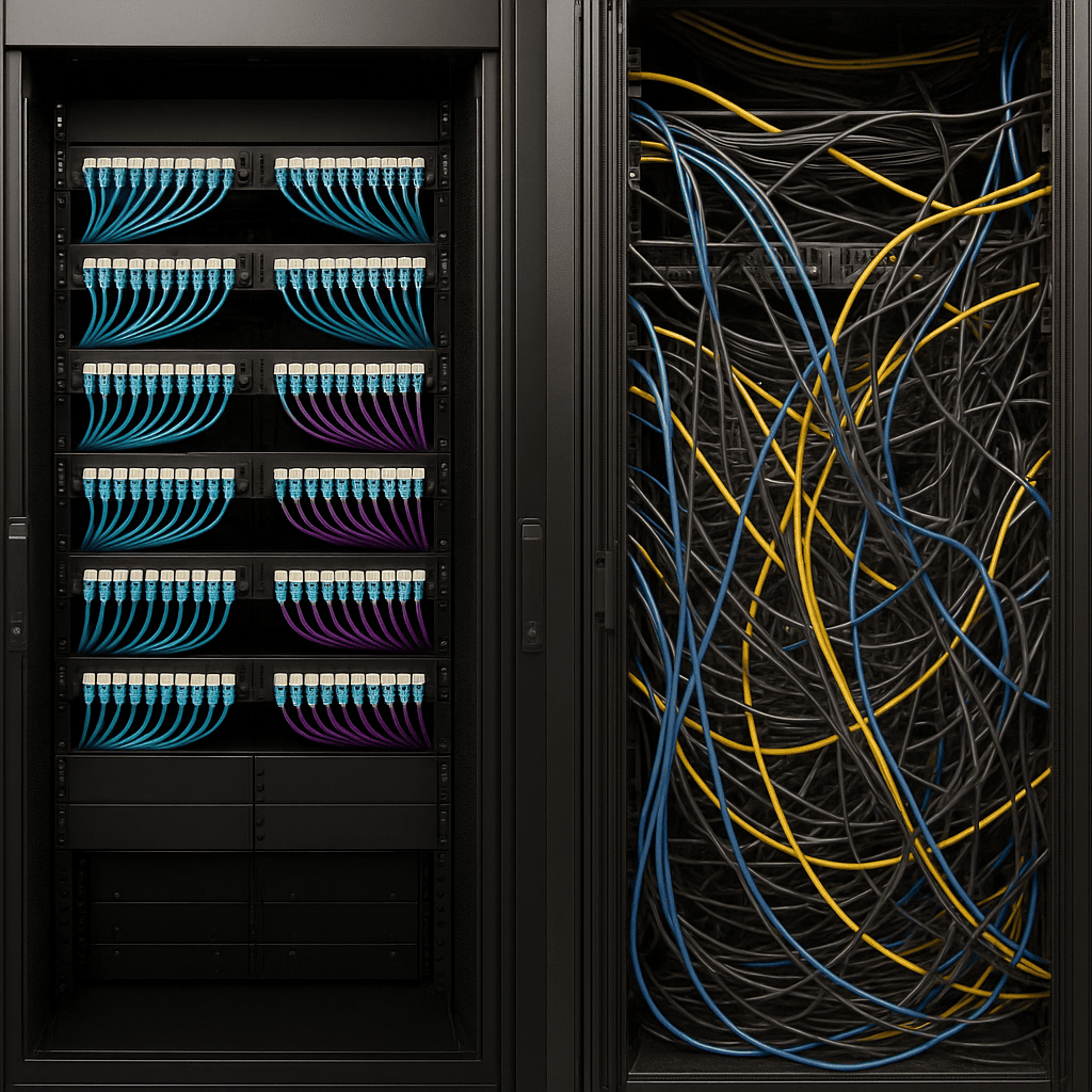 Organized server rack with modular, color-coded pre-terminated fiber cables and labeled cassettes, contrasting with a neighboring rack of messy, tangled cables to show improved airflow and space management.