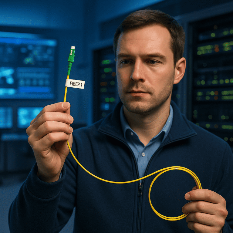 “Image showing a network operation center with a technician holding a pre-terminated fiber optic cable.