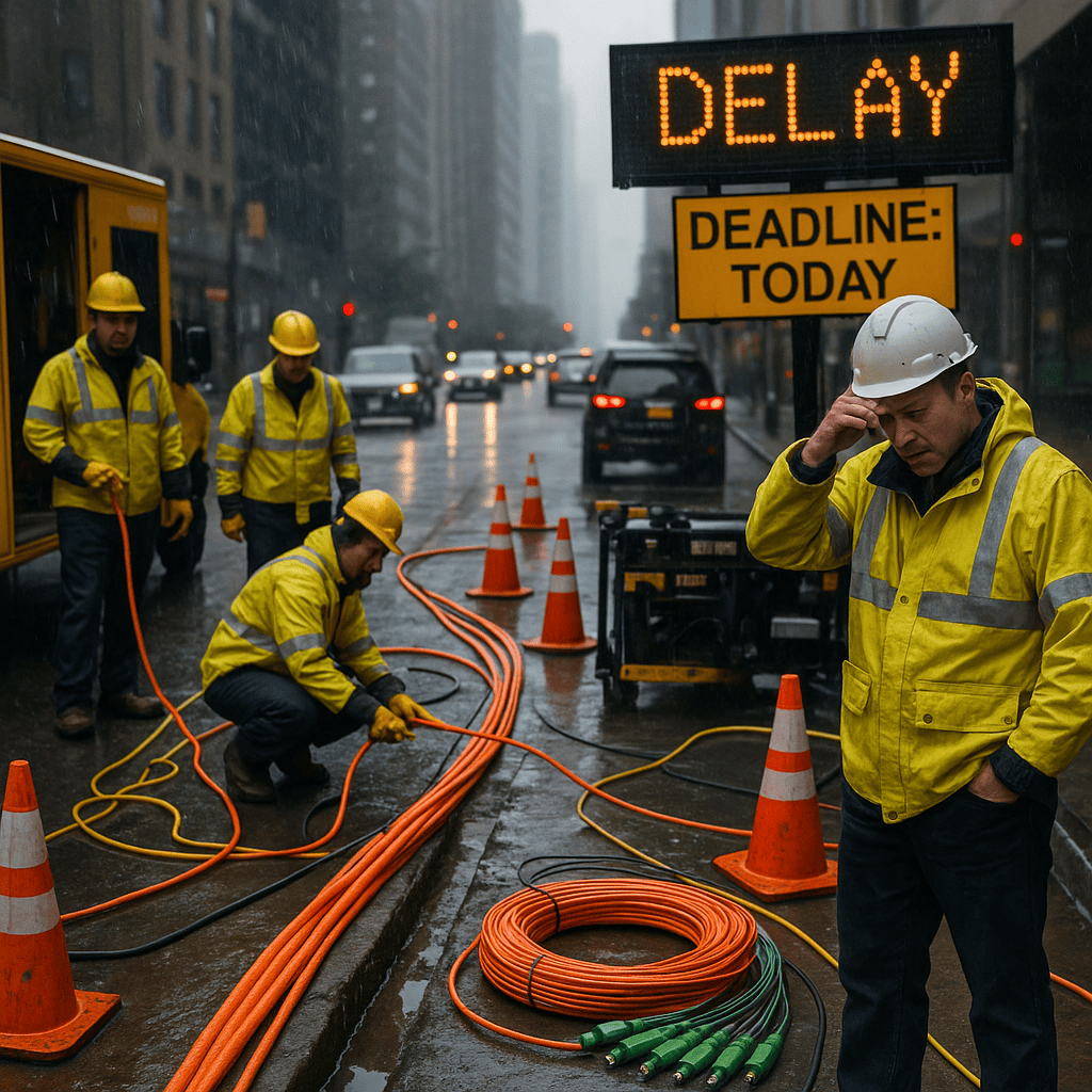 A team of workers installs fiber optic cables on a wet city street, navigating puddles, equipment, and heavy traffic as project costs and delays mount.