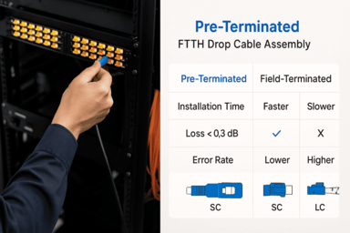 Fiber optic technician installing a pre-terminated FTTH drop cable in a data center rack, next to a table comparing installation time, <0.3 dB loss, and error rates for pre-terminated vs field-spliced assemblies