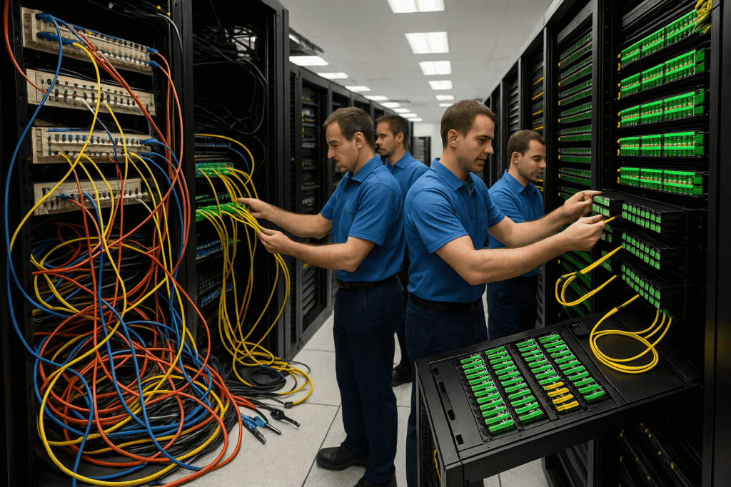 A data center with engineers installing pre-terminated MPO/MTP fiber cassettes into dense rack panels, contrasting with a smaller area showing traditional hand-terminated fiber connections and messy cables.