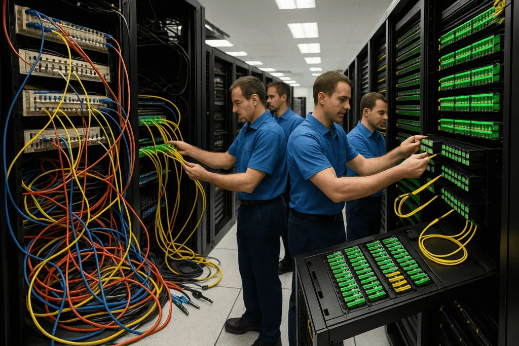 Un centre de données avec des ingénieurs installant des cassettes de fibre MPO/MTP pré-terminées dans des panneaux de rack denses, contrastant avec une zone plus petite montrant des connexions de fibre traditionnelles terminées à la main et des câbles en désordre.