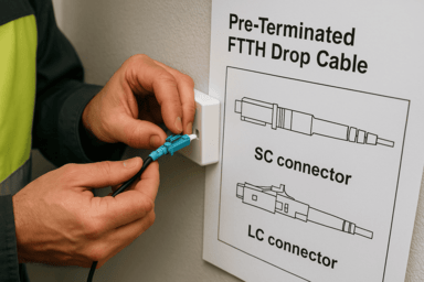 Technician’s hands plugging a blue SC fiber optic connector into a wall adapter, with labeled line drawings of SC and LC connectors displayed beside it