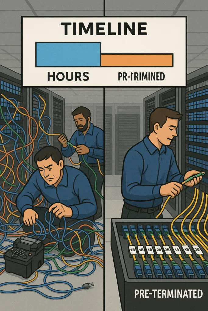 L'image montre deux équipes installant des câbles réseau dans un centre de données. L'une s'attèle à une épissure complexe et semble stressée, tandis que l'autre branche efficacement des câbles pré-connectés et étiquetés sur les ports réseau. Un grand tableau de planification indique clairement le délai plus court de la méthode pré-connectée, soulignant ainsi les avantages d'une installation simplifiée.