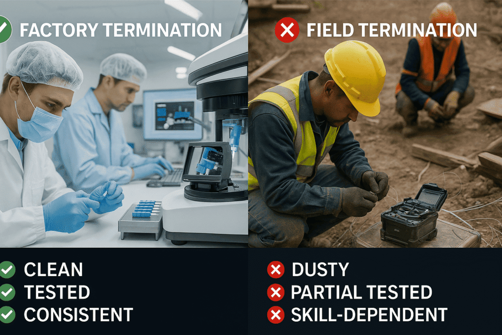 Split-screen image comparing a cleanroom factory environment with techs performing fiber connector terminations on the left and a dusty construction site with field splicing on the right, highlighting clean vs dusty, tested vs partial, consistent vs skill-dependent.