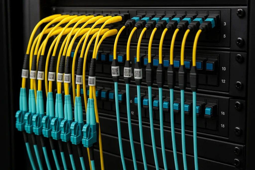 Close-up of a black rack with pre-terminated MPO/MTP trunk cables landing on cassettes and LC patch cords neatly dressed and QR-labeled, photographed under soft diffused light.